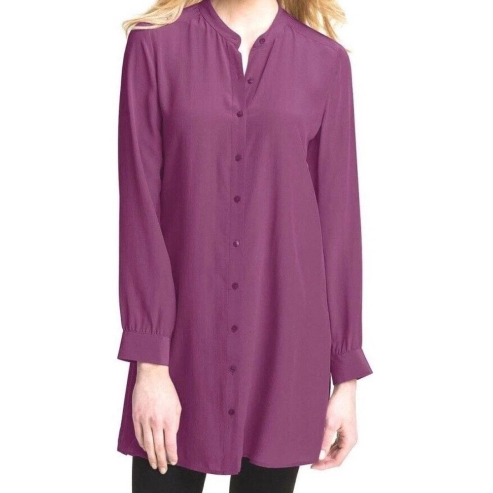 NWOT Eileen Fisher Women's Purple 100% SILK Button Up Long Sleeve Shirt Large